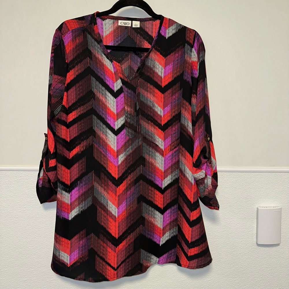 Women's Cato Blouse Size L Black Multi-color Chevron Black Red Purple